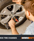 Man using 20-Volt One-Half Inch Cordless Impact Wrench With Brushless Motor, Battery And Charger Included, Model WX272L on tire