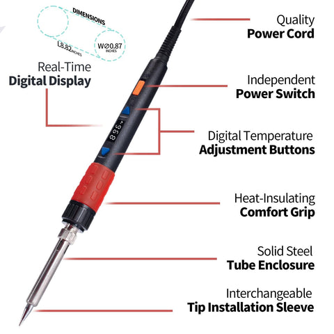110W Soldering Iron With Full Digital Display And Temperature Control, Fahrenheit And Celsius Readout, labeled parts view.
