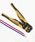 Kickass Heavy Duty Auto Wire Stripper And Crimping Pliers Pro Gear For Electricians Rapid Line Stripping Multi Function Cable Cutter Tool With Rugged Yellow Grip with blue and red wires