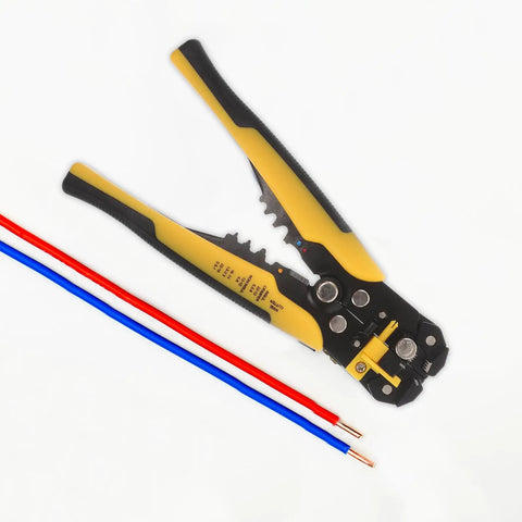 Kickass Heavy Duty Auto Wire Stripper And Crimping Pliers Pro Gear For Electricians Rapid Line Stripping Multi Function Cable Cutter Tool With Rugged Yellow Grip with blue and red wires