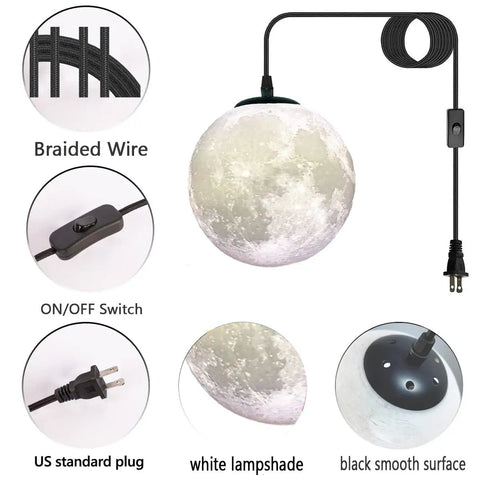 Plug In Moon Lamp Pendant Light With Cord For Kids Room White Sixteen Point Four Foot Hanging Light Cord With Switch