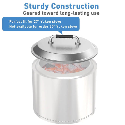 Stainless Steel Fire Pit Lid With Silicone Wrapped Handles for 27 Inch Outdoor Pits, displayed on a Yukon-style pit