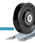 Side view of V Groove Wheel Caster for Inverted V Track with Double Bearings, 2200 lbs load capacity, steel, rust resistant finish