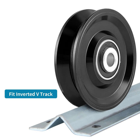 Side view of V Groove Wheel Caster for Inverted V Track with Double Bearings, 2200 lbs load capacity, steel, rust resistant finish