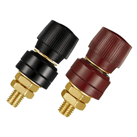 No Sweat M10 Remote Battery Terminals And 250 Amp Jump Post For Quick Terminal Relocation Easy Panel Mount With Solid Brass Core Red Black Pair For Your Ride close-up view of remote battery jump posts