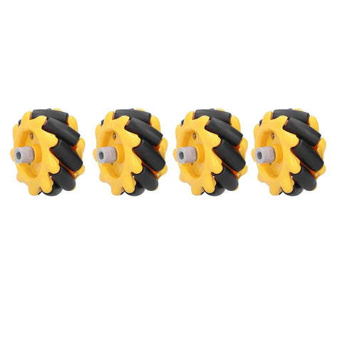Four yellow 48mm directional drive wheels with black segments and grey axles for robot cars.
