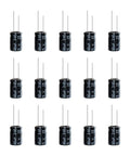 Close-up of multiple electrolytic capacitors from a 630 Piece Aluminum Electrolytic Capacitors Kit With 24 Value Ranges From 0.1uF To 1000uF.