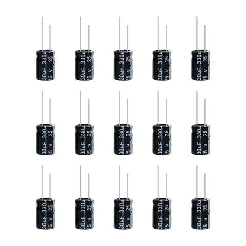 Close-up of multiple electrolytic capacitors from a 630 Piece Aluminum Electrolytic Capacitors Kit With 24 Value Ranges From 0.1uF To 1000uF.