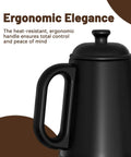 Close-up of Gooseneck Electric Kettle handle highlighting ergonomic design, 1L stainless steel, BPA free, sleek black.