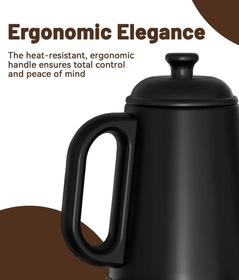 Close-up of Gooseneck Electric Kettle handle highlighting ergonomic design, 1L stainless steel, BPA free, sleek black.