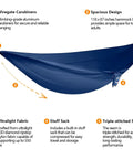 Blue adjustable hammock for outdoors, ultralight fabric, wiregate carabiners, with a design for 118x87 inches spacious lounging.