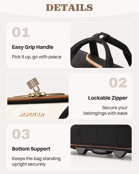 Close-up details of Wheeled Laptop Bag For Women 16 Inch Rolling Briefcase showing easy grip handle, lockable zipper, and bottom support.