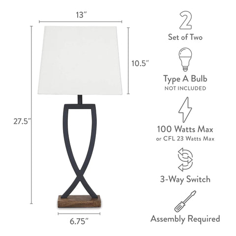 Diagram of Metal Minimalist Table Lamp Set With Black And Brown Finish, Two Lamps, Rectangular Hardback Shade, 3 Way Switch