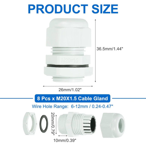 8 Pcs M20 Cable Glands Waterproof Nylon Joint Set For 6 To 12mm Wire Holes, Cable Fixing, Wiring, Repair, Gland Replacement, Electrical Enclosures, Durable Weatherproof Design, Compatible With Appliances, White, M20x1.5, 36.5mm