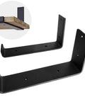 Black Heavy Duty Shelf Brackets 2 Pack Badass J Brackets With Lip For DIY Floating Shelves Industrial Wall Mount Epoxy Coated Iron Braces Rustproof Steel Corner Supports Rock Solid Home Organization 8 Inch, two black iron brackets.