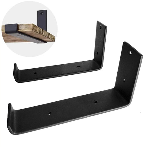 Black Heavy Duty Shelf Brackets 2 Pack Badass J Brackets With Lip For DIY Floating Shelves Industrial Wall Mount Epoxy Coated Iron Braces Rustproof Steel Corner Supports Rock Solid Home Organization 8 Inch, two black iron brackets.
