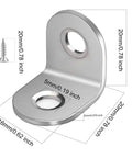 Close-up of a stainless steel L bracket with 20x20 mm size and screws, part of the 100 Piece Stainless Steel L Brackets 20 By 20 MM 90 Degree Corner Brackets Set with 200 Screws for Wood Furniture Repair.