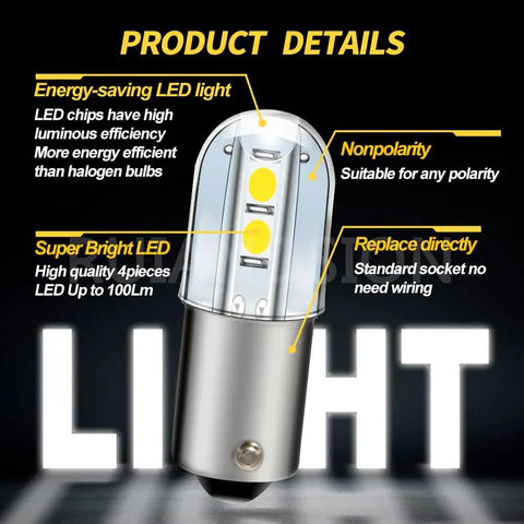Close-up of BA9S LED Indicator Bulbs 120V AC DC Pack Of 20 Cool White, highlighting energy-saving, nonpolarity, and direct replacement features.