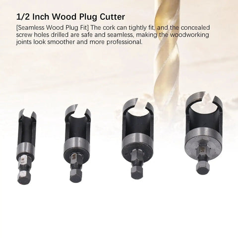Hardwood Shop Tough Four Piece Plug Cutter Set With Hex Shank For Router Bit Holes And Clean Screw Concealment In Cabinetry Bench Work And Quick Weekend Fixes, showcasing four wood plug cutters.