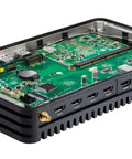 Heavy Duty Rugged Mini Computer With No Sweat Fanless Cooling running Intel Core i5, showing internal components and ports.