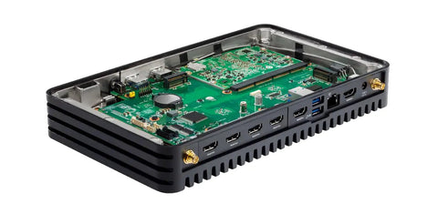 Heavy Duty Rugged Mini Computer With No Sweat Fanless Cooling running Intel Core i5, showing internal components and ports.