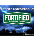 FORTIFIED LISTED PRODUCT logo with stormy background, indicating reliability and strength in roofing solutions.