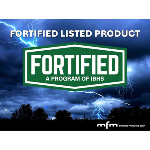 FORTIFIED LISTED PRODUCT logo with stormy background, indicating reliability and strength in roofing solutions.