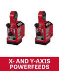 Industrial Step Pulley Milling Machine Built As A Tough Shop Workhorse And Fully Rigged Out With Variable Speed Control and Precision Digital Readout Plus Dual Axis Powerfeed for Daily Grind Machining - Red powerfeeds with dials and switches.