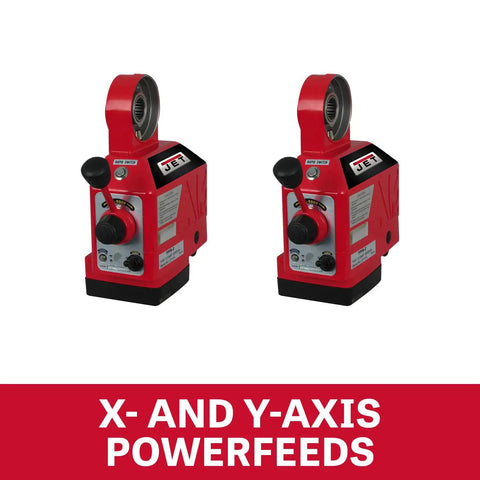 Industrial Step Pulley Milling Machine Built As A Tough Shop Workhorse And Fully Rigged Out With Variable Speed Control and Precision Digital Readout Plus Dual Axis Powerfeed for Daily Grind Machining - Red powerfeeds with dials and switches.