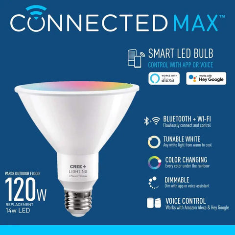 Party Ready Max Smart LED Par38 Outdoor Flood Bulb With Tunable White And Color Changing Light, 2.4 GHz Bluetooth WiFi enabled