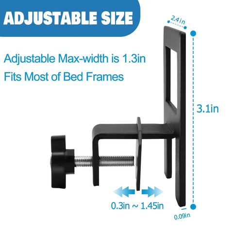 Heavy Duty Metal Mattress Holders For Bed Frame Anti Slip Slide Stops adjustable size shown with measurements, black steel design.