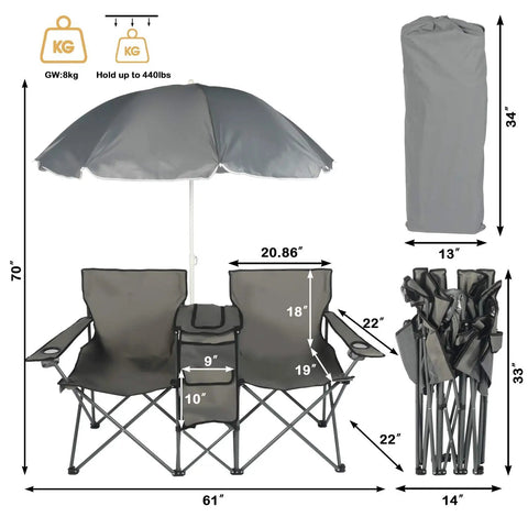 Double Folding Camping Chair With Umbrella And Fold Up Table Beverage Holder Cooler Bag Go To Outdoor Chairs For Patio Pool Park Beach And Picnics Grey with size dimensions.
