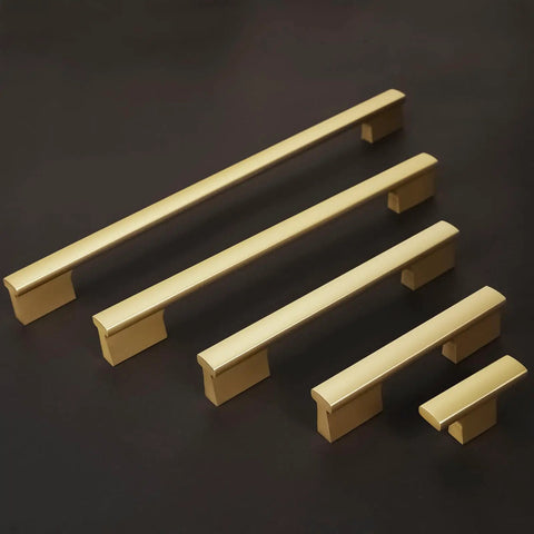 Sleek Brushed Gold Cabinet Pulls 10 Pack with various sizes on a dark background, showcasing modern aluminum drawer handles.