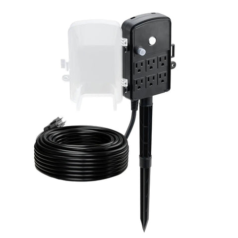 Heavy Duty Outdoor Power Stake With A Rock Solid 100 Ft Extension Cord Providing Six Rain Resistant Outlets For Christmas Lights Backyard Setup Grounded Reliable with six outlets and a protective cover.