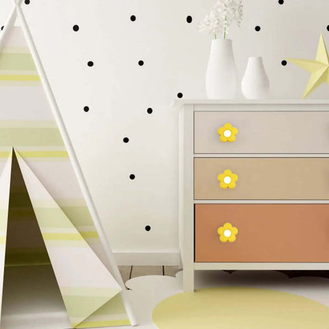 Yellow Flower Cabinet Knobs With Drawer Pulls For Closets Or Kids Rooms Super Smooth Soft Rubber Grip Over Solid Zinc Alloy Base 6 Piece Kit on dresser.