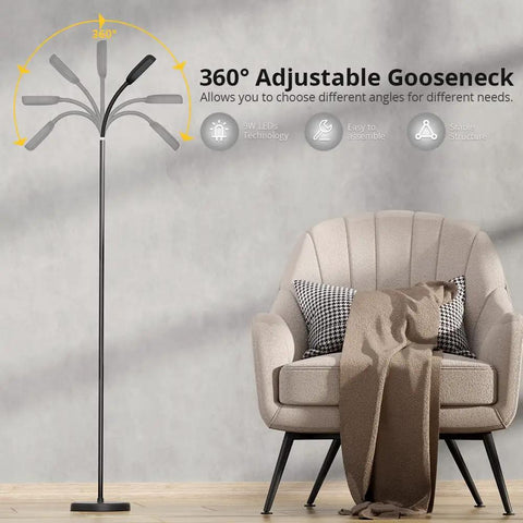 Cordless Tall LED Floor Lamp That Is Totally Lit With 42 LEDs, 3 Color Temperatures, 5 Brightness Levels, Touch Control, And 3 Modes Warm Natural White For Living Room Bedroom Home Office And Modern Decor with adjustable gooseneck next to chair