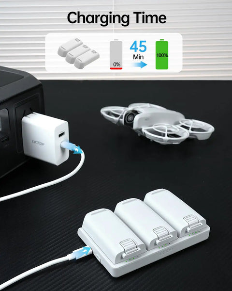 Charging setup with 100W Drone Power Station and 65W Neo Charging Hub for DJI drones and gear, including batteries and drone.