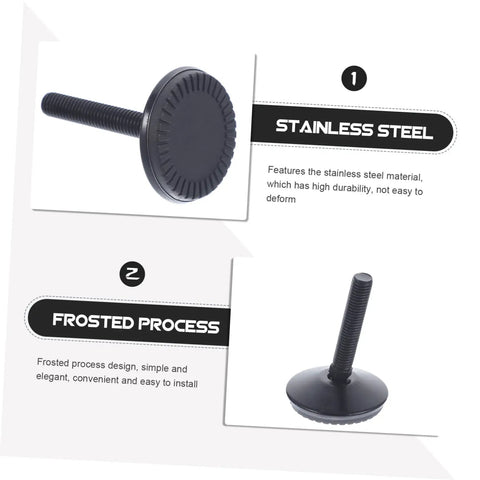 Heavy Duty Adjustable Furniture Levelers With Swivel Base For Tables And Cabinets Foolproof Install Silent Nonskid Stainless Steel Legs For Office And Home Workspaces, close-up view of stainless steel leveler.