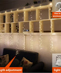 300 LED Curtain Fairy Lights With Remote 8 Modes USB Plug In Twinkle Silver Wire for cozy vibe on shelf background