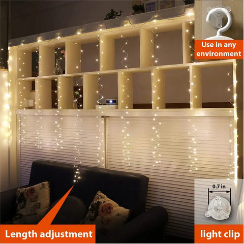 300 LED Curtain Fairy Lights With Remote 8 Modes USB Plug In Twinkle Silver Wire for cozy vibe on shelf background