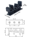 Diagram of 20 Sets Din Rail PCB Mounting Bracket Holder Carrier Clips for C45 Rail Width 35Mm or 15Mm, showing dimensions and design.