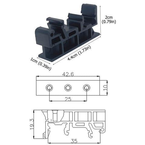 Diagram of 20 Sets Din Rail PCB Mounting Bracket Holder Carrier Clips for C45 Rail Width 35Mm or 15Mm, showing dimensions and design.
