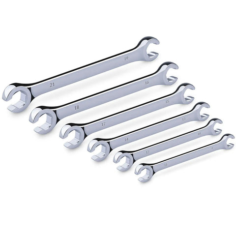 Premium Double End Metric Flare Nut Wrench Set With Rack For Fuel Brake And Air Conditioning Lines Sizes From 9 To 21 Mm Cr V Steel 6 Point Heads Rust Resistant Chrome Finish Ideal For Professional Mechanics EFFICERE shown laid out.
