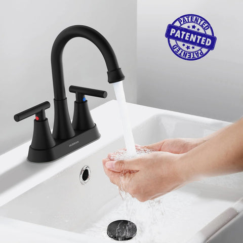 Hurran 4-inch matte black two-handle centerset bathroom faucet with pop-up drain and supply hoses