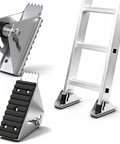 Two Pack Aluminum Anti Skid Shoe Kit For Extension Ladders Replacement Parts With Rubber Padded Ladder Feet attached to ladder