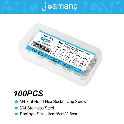 Plastic box of Stainless Steel 304 M4 Countersunk Hex Socket Cap Screws Flat Head Allen Drive Fully Threaded Assortment Kit 100 Pcs.