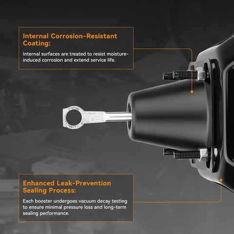 Premium Vacuum Power Brake Booster For Ford Bronco F150 F200 F250 1984 To 1988 showing corrosion-resistant coating and sealing process.