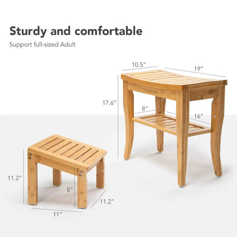 Bamboo Shower Bench With Underneath Storage Shelf For Indoor Or Outdoor Use Wood Spa Bath Organizer Seat And Foot Stool Sturdy 250 Pound Capacity Non Slip Pads Smooth Corners And Durable Craftsmanship