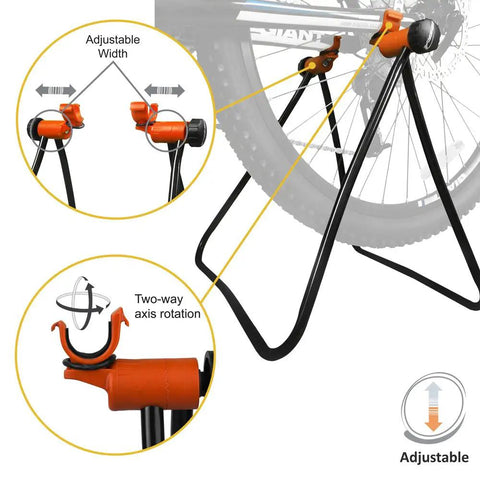 Adjustable Folding Bike Stand For 20 To 29 Inch Bikes Floor Mounted Alloy Steel Rack That Keeps Your Ride Scratch Free shown in use