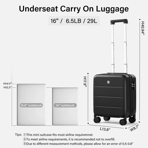 16 Inch Underseat Carry On Luggage With Wheels Hard Shell Mini Suitcase For Airline Travel TSA Approved Lightweight Black